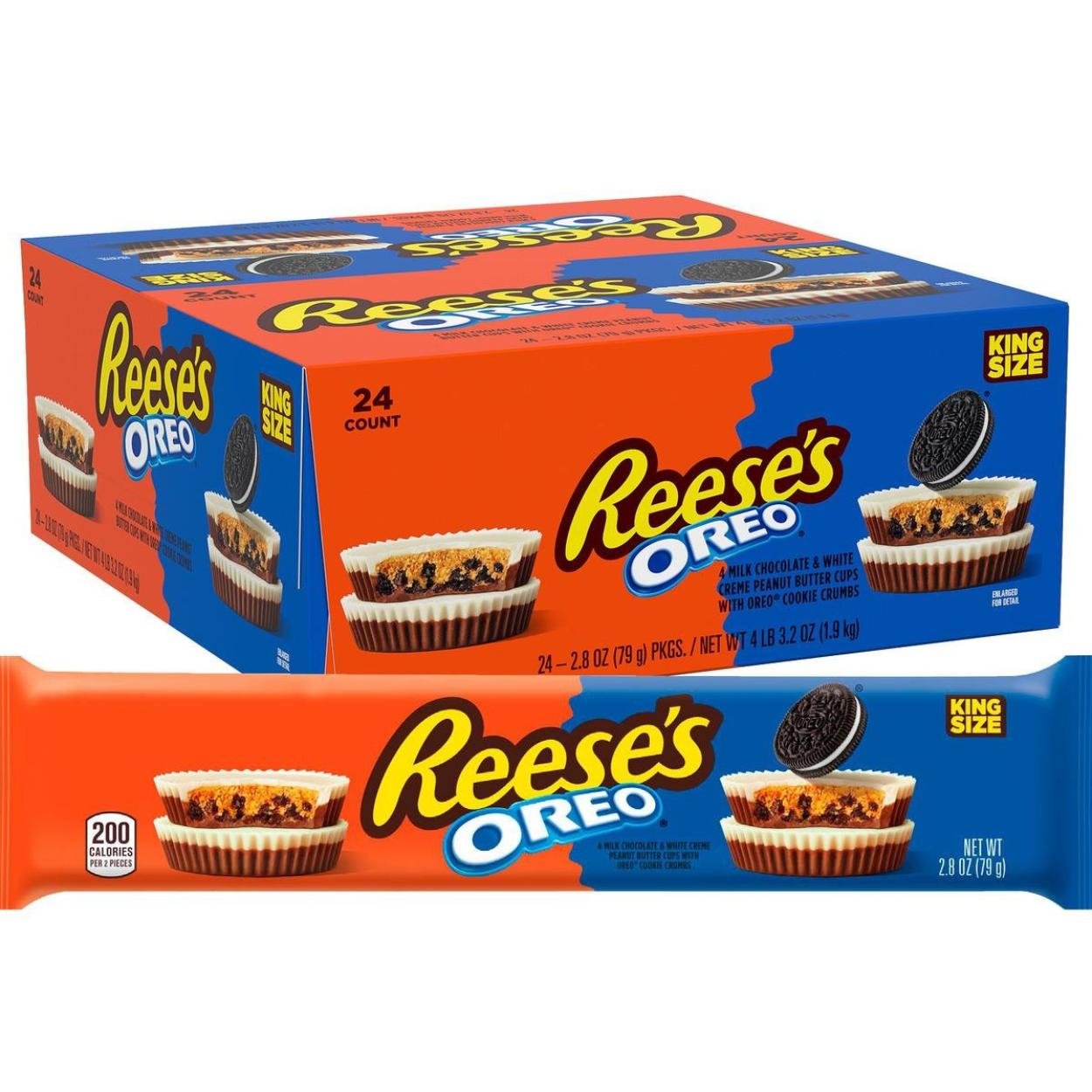 REES' Peanut Butter cups, extra-large Oreo chips ,24 packs (4 cups per pack) - milk chocolate candies with peanut butter and crispy Oreo cookies, individually packaged