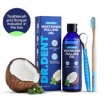DR.DENT Coconut Oil Pulling Mouthwash - 100% Coconut Oil and Mint - Alcohol-Free - 237 ml - Toothbrush and Tongue Scraper Included in the Pulling Oil Box