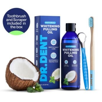 DR.DENT Coconut Oil Pulling Mouthwash - 100% Coconut Oil and Mint - Alcohol-Free - 237 ml - Toothbrush and Tongue Scraper Included in the Pulling Oil Box