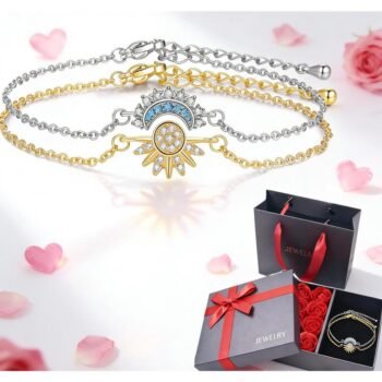 Mother's Day Gift Sun Moon Jewelry Set Stackable Bracelet Necklace Sparkling Gold Silver Gemstone Pendant Accessory Meaningful Gift